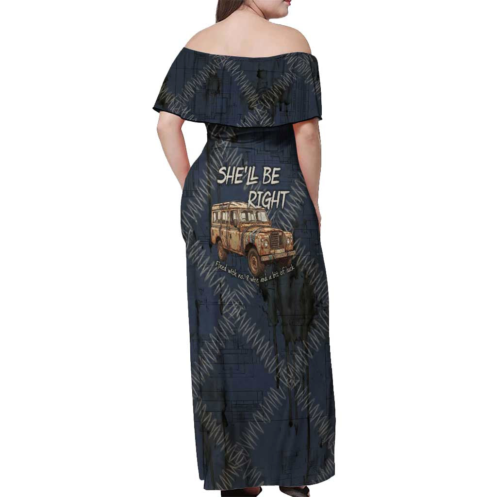 New Zealand She’ll Be Right Off Shoulder Maxi Dress NZ Slang No. 8 Wire Map Pattern TS04 - Polynesian Pride