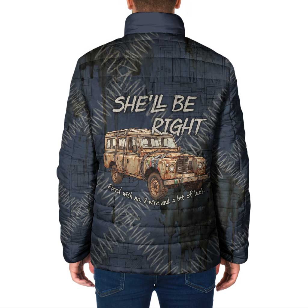 New Zealand She’ll Be Right Padded Jacket NZ Slang No. 8 Wire Map Pattern