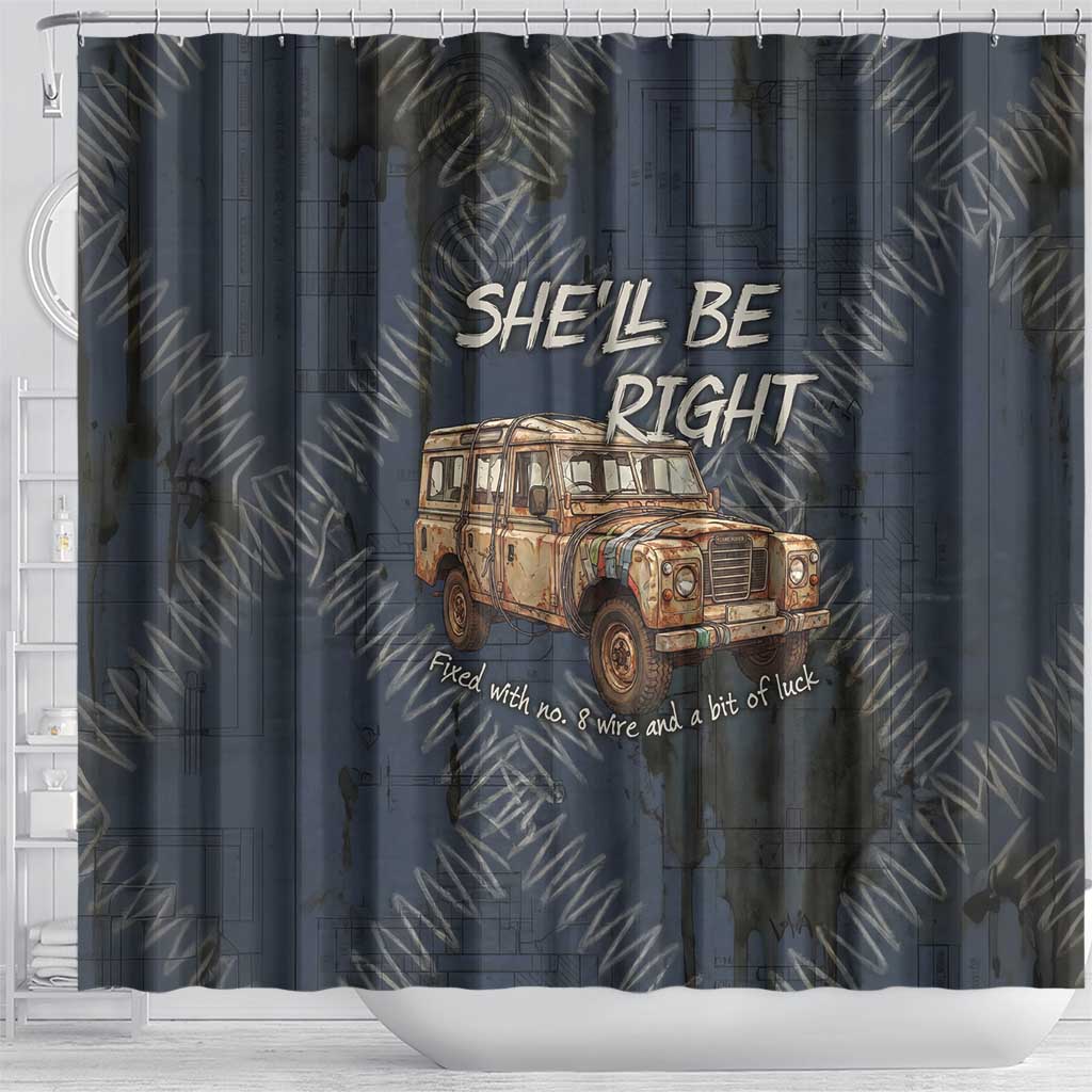 New Zealand She’ll Be Right Shower Curtain NZ Slang No. 8 Wire Map Pattern