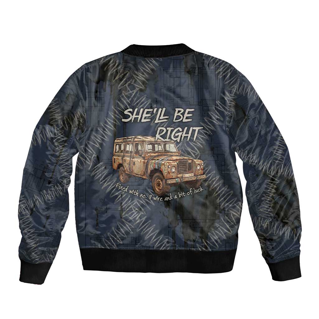 New Zealand She’ll Be Right Sleeve Zip Bomber Jacket NZ Slang No. 8 Wire Map Pattern