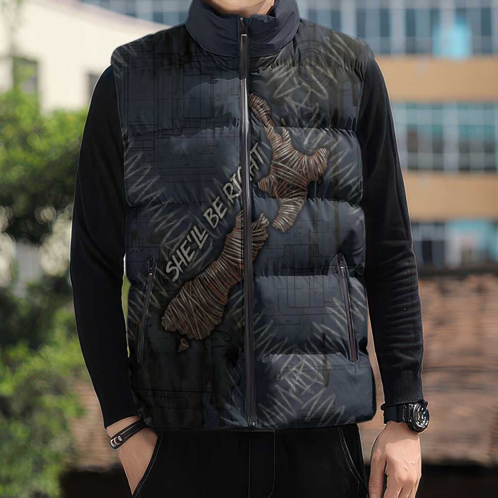 New Zealand She’ll Be Right Sleeveless Puffer Jacket NZ Slang No. 8 Wire Map Pattern