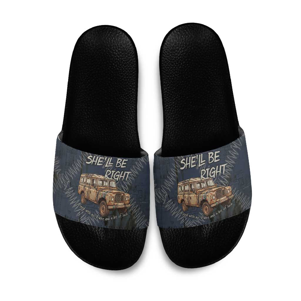 New Zealand She’ll Be Right Slide Sandals NZ Slang No. 8 Wire Map Pattern