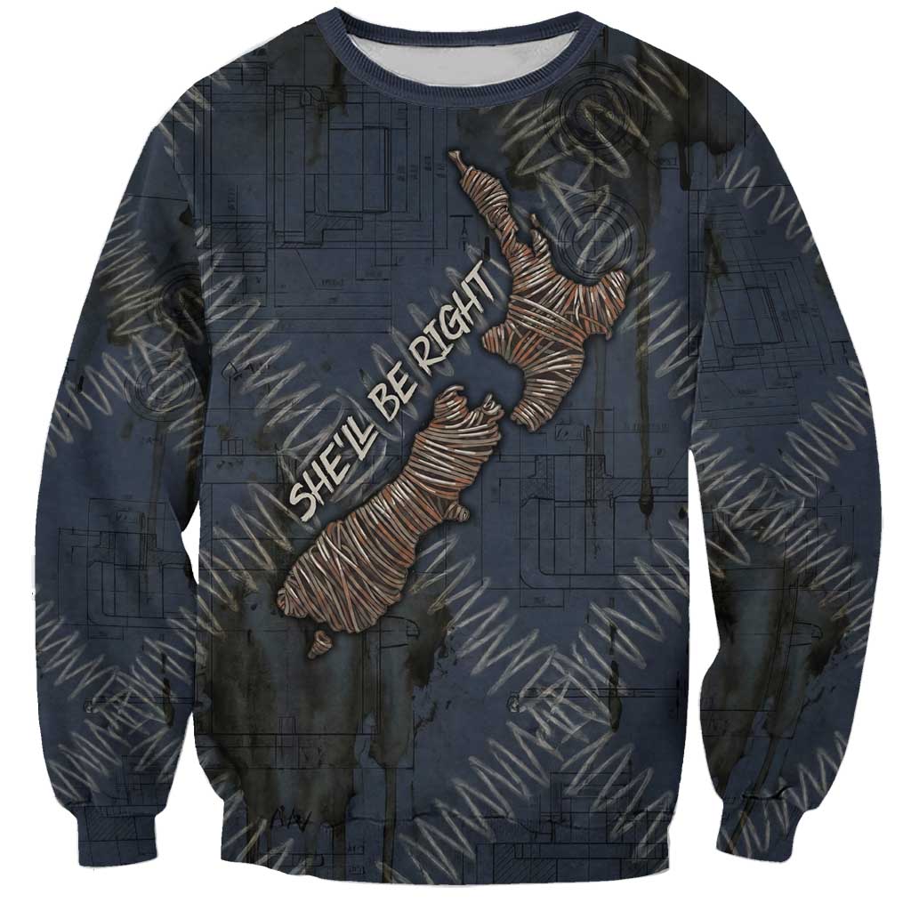 New Zealand She’ll Be Right Sweatshirt NZ Slang No. 8 Wire Map Pattern