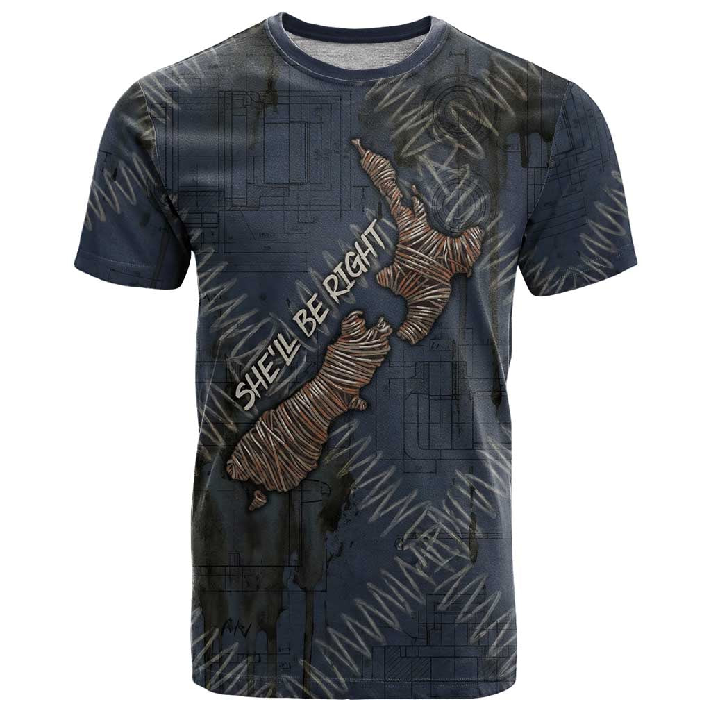 New Zealand She’ll Be Right T Shirt NZ Slang No. 8 Wire Map Pattern