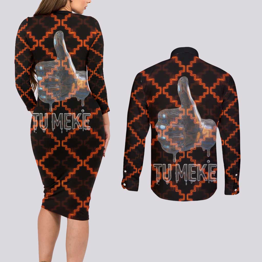 Tu Meke Maori New Zealand Slang Couples Matching Long Sleeve Bodycon Dress and Long Sleeve Button Shirt with Glow Neon Step Style TS04 - Polynesian Pride