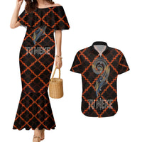 Tu Meke Maori New Zealand Slang Couples Matching Mermaid Dress and Hawaiian Shirt with Glow Neon Step Style TS04 Black Orange - Polynesian Pride