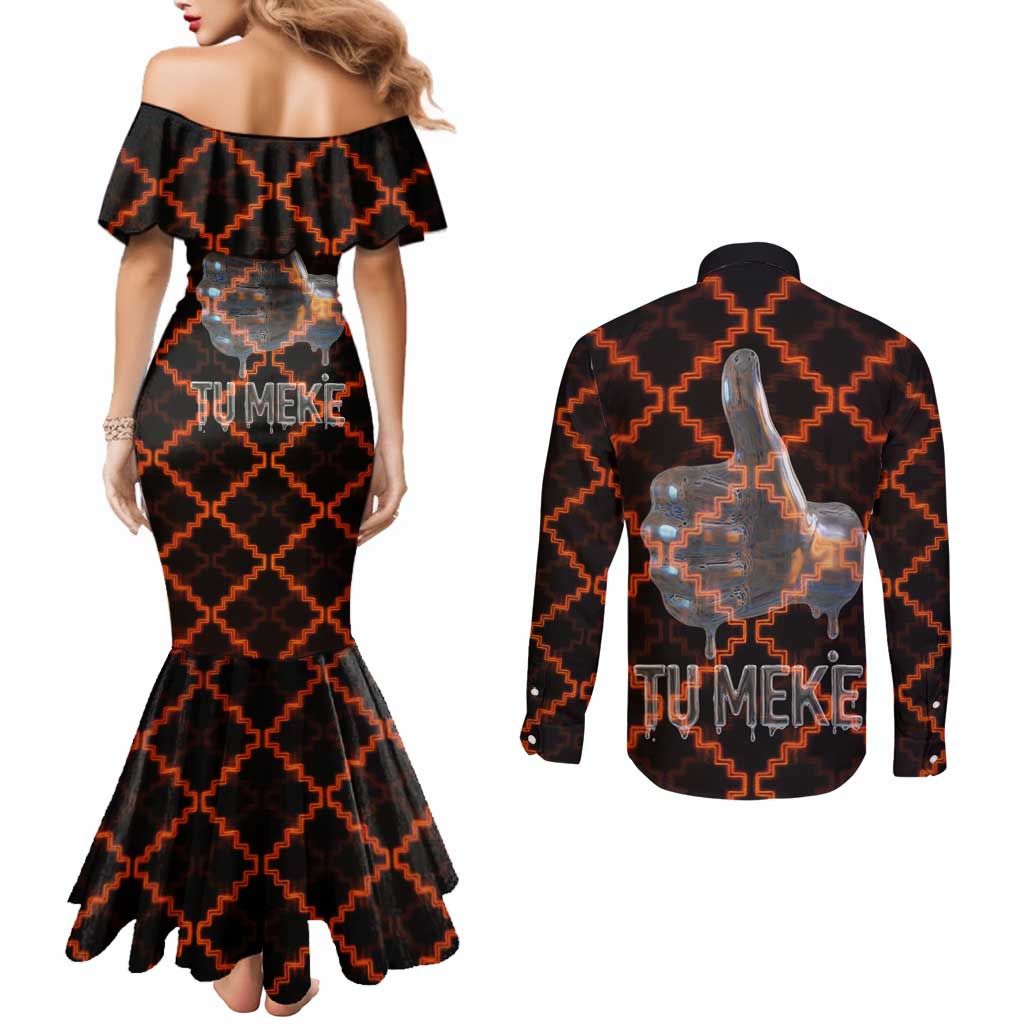 Tu Meke Maori New Zealand Slang Couples Matching Mermaid Dress and Long Sleeve Button Shirt with Glow Neon Step Style TS04 - Polynesian Pride