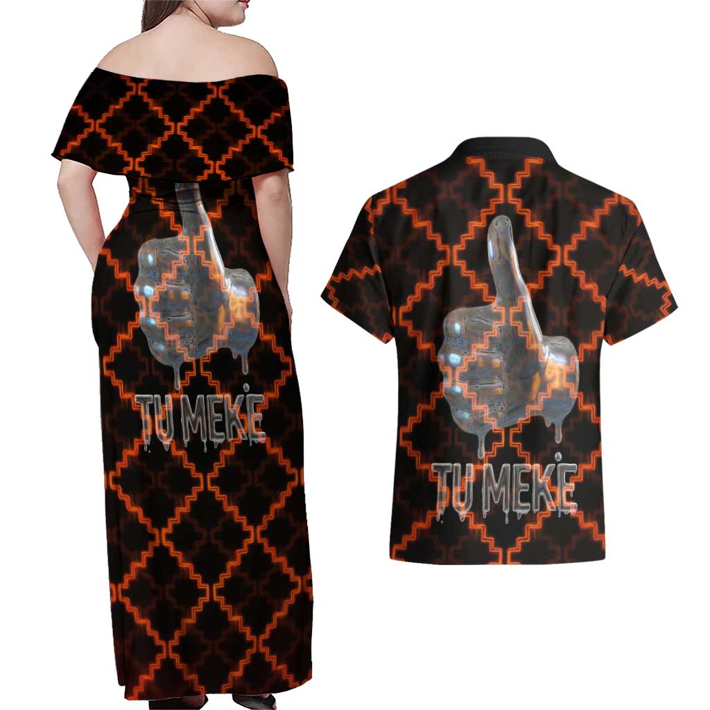 Tu Meke Maori New Zealand Slang Couples Matching Off Shoulder Maxi Dress and Hawaiian Shirt with Glow Neon Step Style TS04 - Polynesian Pride
