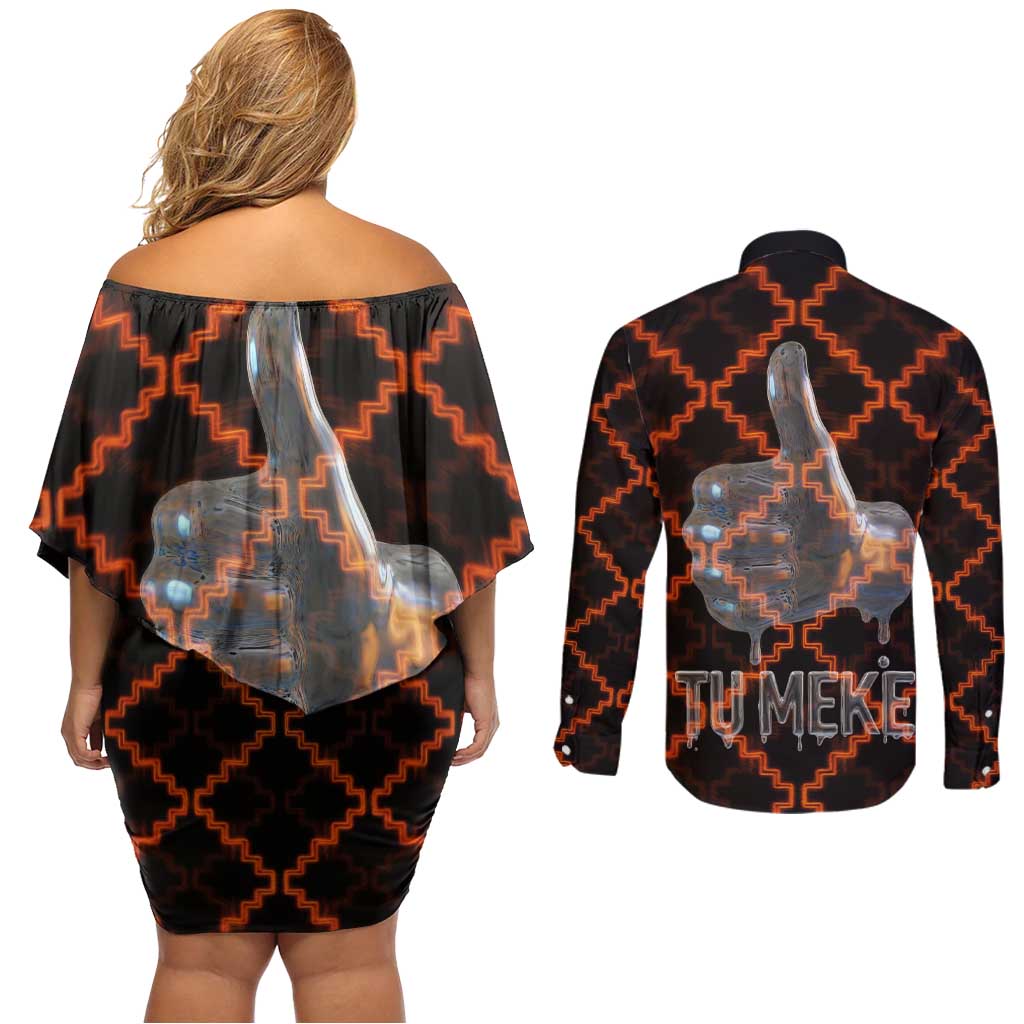 Tu Meke Maori New Zealand Slang Couples Matching Off Shoulder Short Dress and Long Sleeve Button Shirt with Glow Neon Step Style TS04 - Polynesian Pride