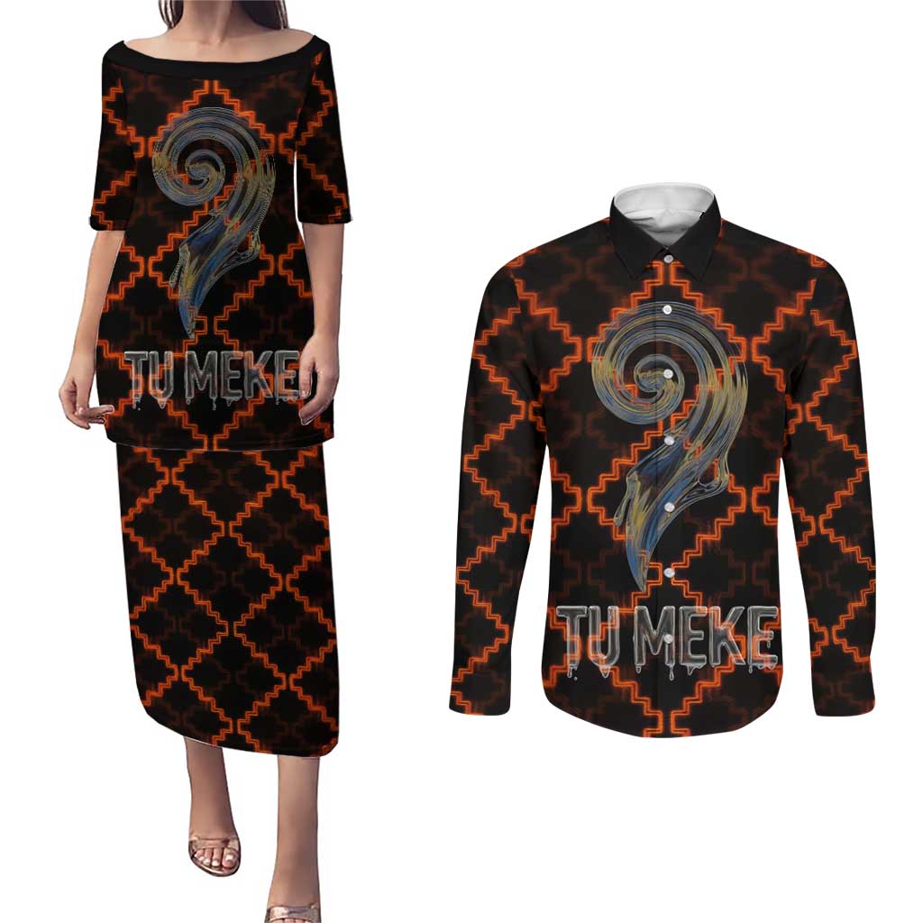 Tu Meke Maori New Zealand Slang Couples Matching Puletasi and Long Sleeve Button Shirt with Glow Neon Step Style TS04 Black Orange - Polynesian Pride