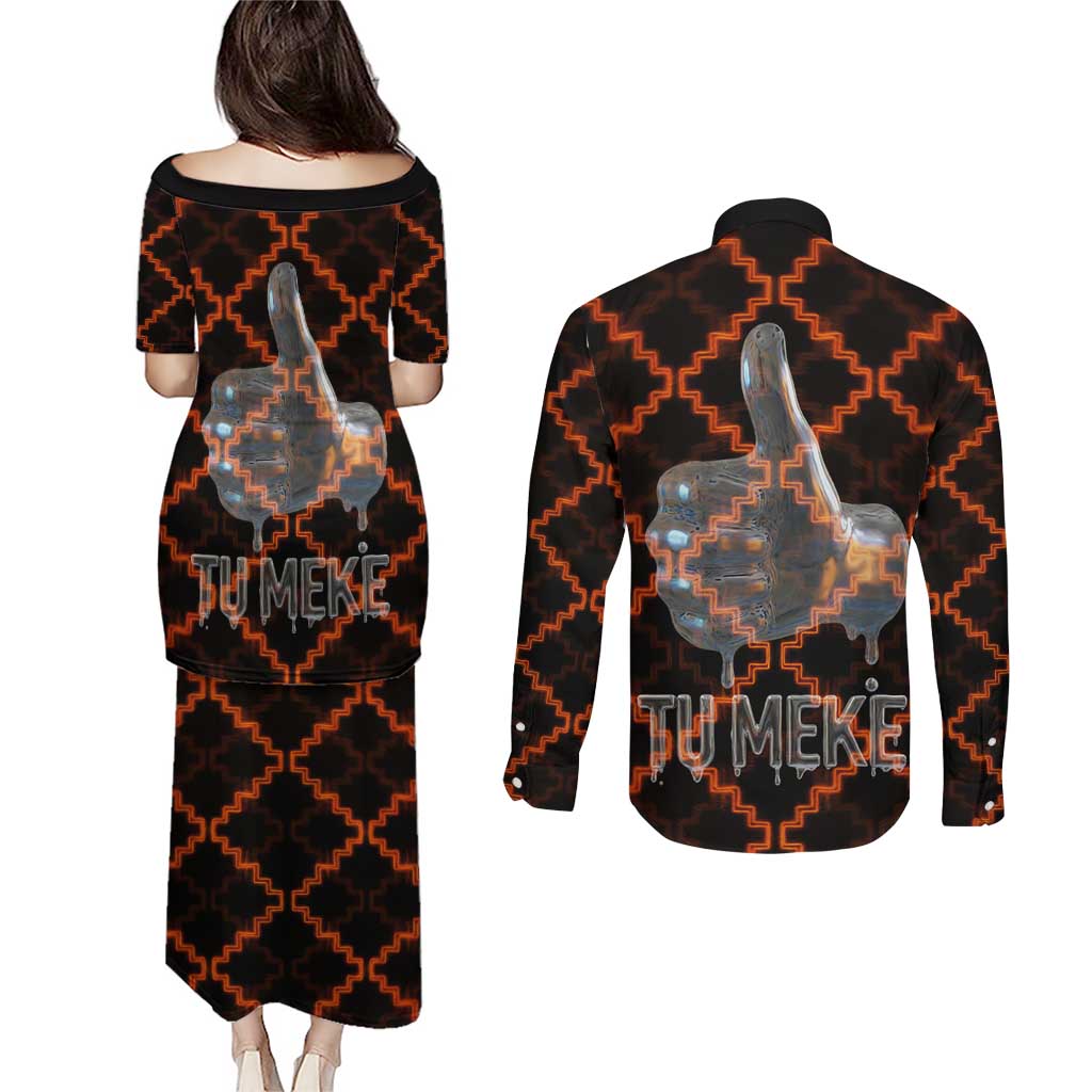 Tu Meke Maori New Zealand Slang Couples Matching Puletasi and Long Sleeve Button Shirt with Glow Neon Step Style TS04 - Polynesian Pride