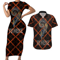 Tu Meke Maori New Zealand Slang Couples Matching Short Sleeve Bodycon Dress and Hawaiian Shirt with Glow Neon Step Style TS04 Black Orange - Polynesian Pride