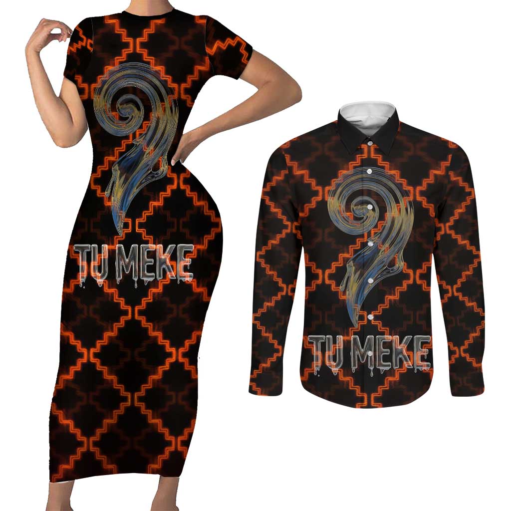 Tu Meke Maori New Zealand Slang Couples Matching Short Sleeve Bodycon Dress and Long Sleeve Button Shirt with Glow Neon Step Style