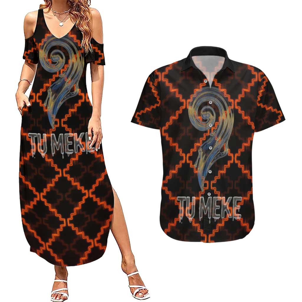 Tu Meke Maori New Zealand Slang Couples Matching Summer Maxi Dress and Hawaiian Shirt with Glow Neon Step Style TS04 Black Orange - Polynesian Pride