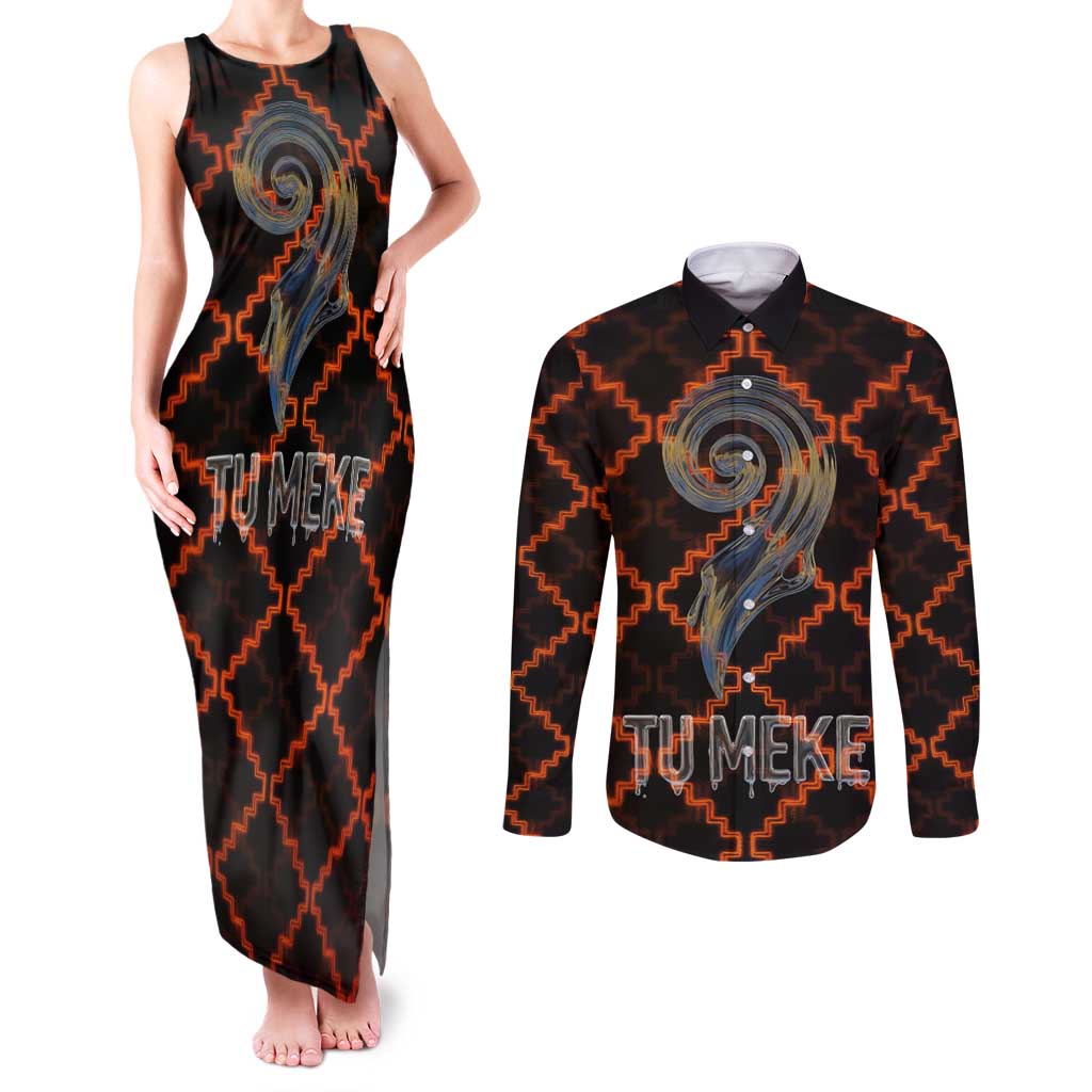 Tu Meke Maori New Zealand Slang Couples Matching Tank Maxi Dress and Long Sleeve Button Shirt with Glow Neon Step Style