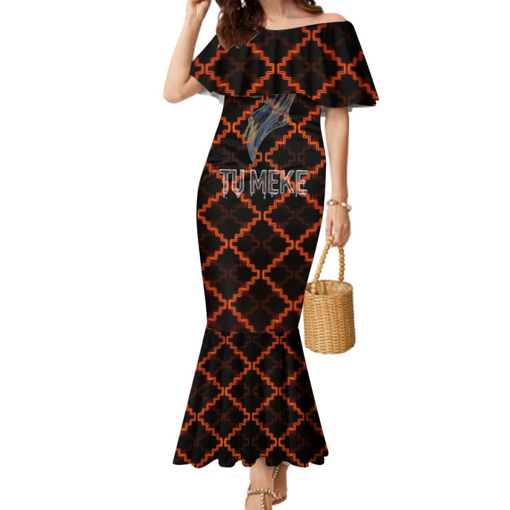 Tu Meke Maori New Zealand Slang Family Matching Mermaid Dress and Hawaiian Shirt with Glow Neon Step Style TS04 Mom's Dress Black Orange - Polynesian Pride