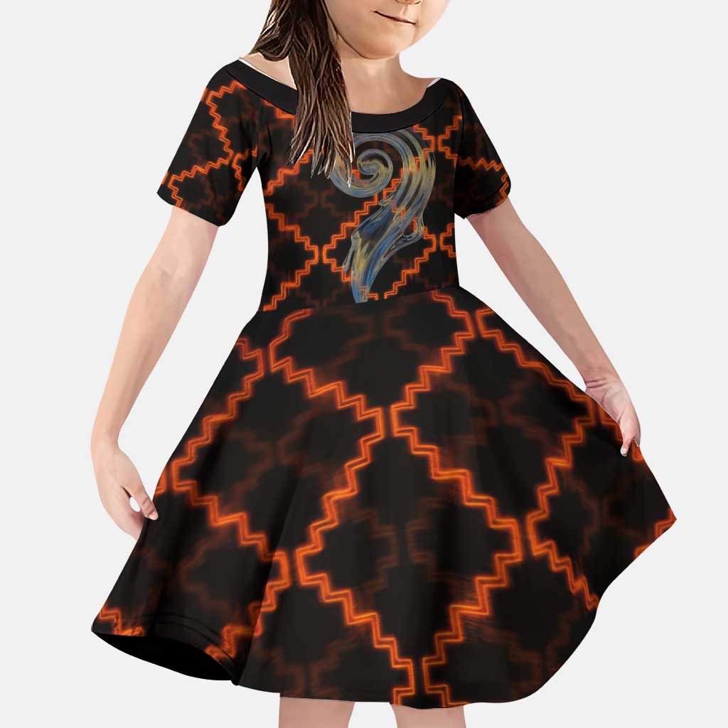 Tu Meke Maori New Zealand Slang Family Matching Off The Shoulder Long Sleeve Dress and Hawaiian Shirt with Glow Neon Step Style TS04 Daughter's Dress Black Orange - Polynesian Pride