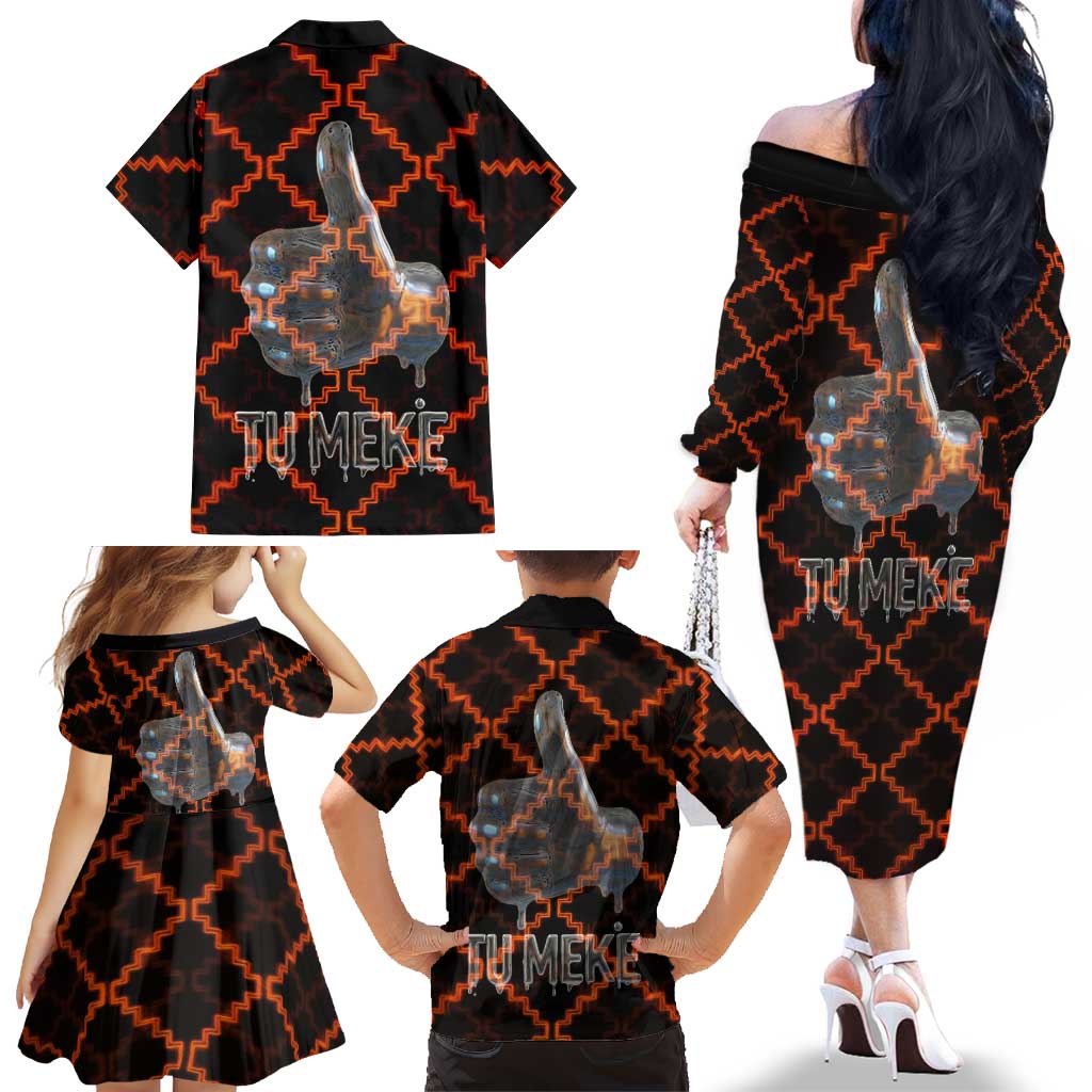 Tu Meke Maori New Zealand Slang Family Matching Off The Shoulder Long Sleeve Dress and Hawaiian Shirt with Glow Neon Step Style TS04 - Polynesian Pride