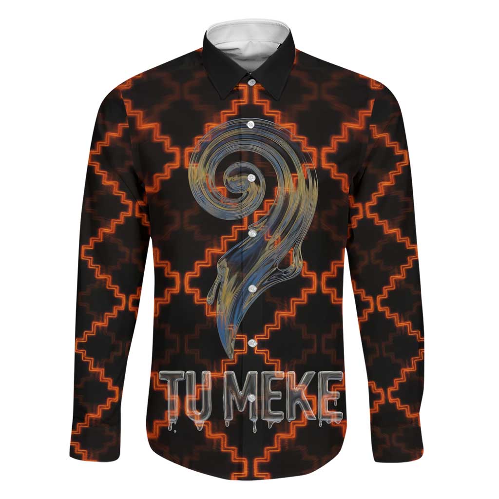Tu Meke Maori New Zealand Slang Family Matching Short Sleeve Bodycon Dress and Hawaiian Shirt with Glow Neon Step Style TS04 Dad's Shirt - Long Sleeve Black Orange - Polynesian Pride