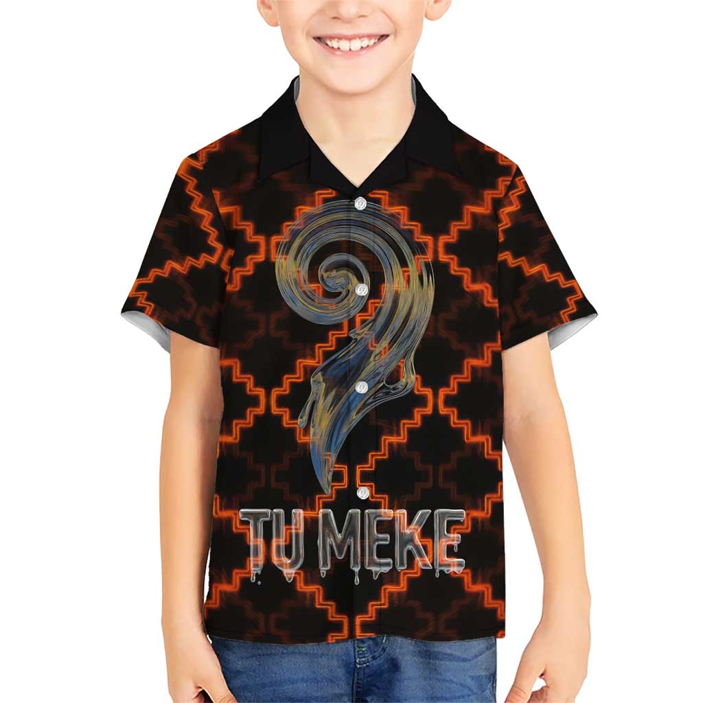 Tu Meke Maori New Zealand Slang Family Matching Short Sleeve Bodycon Dress and Hawaiian Shirt with Glow Neon Step Style TS04 Son's Shirt Black Orange - Polynesian Pride
