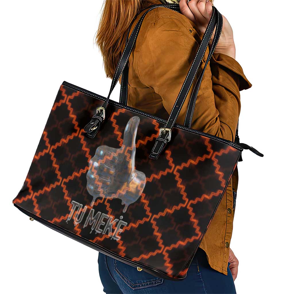Tu Meke Maori New Zealand Slang Leather Tote Bag with Glow Neon Step Style