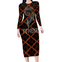 Tu Meke Maori New Zealand Slang Long Sleeve Bodycon Dress with Glow Neon Step Style TS04 Long Dress Black Orange - Polynesian Pride
