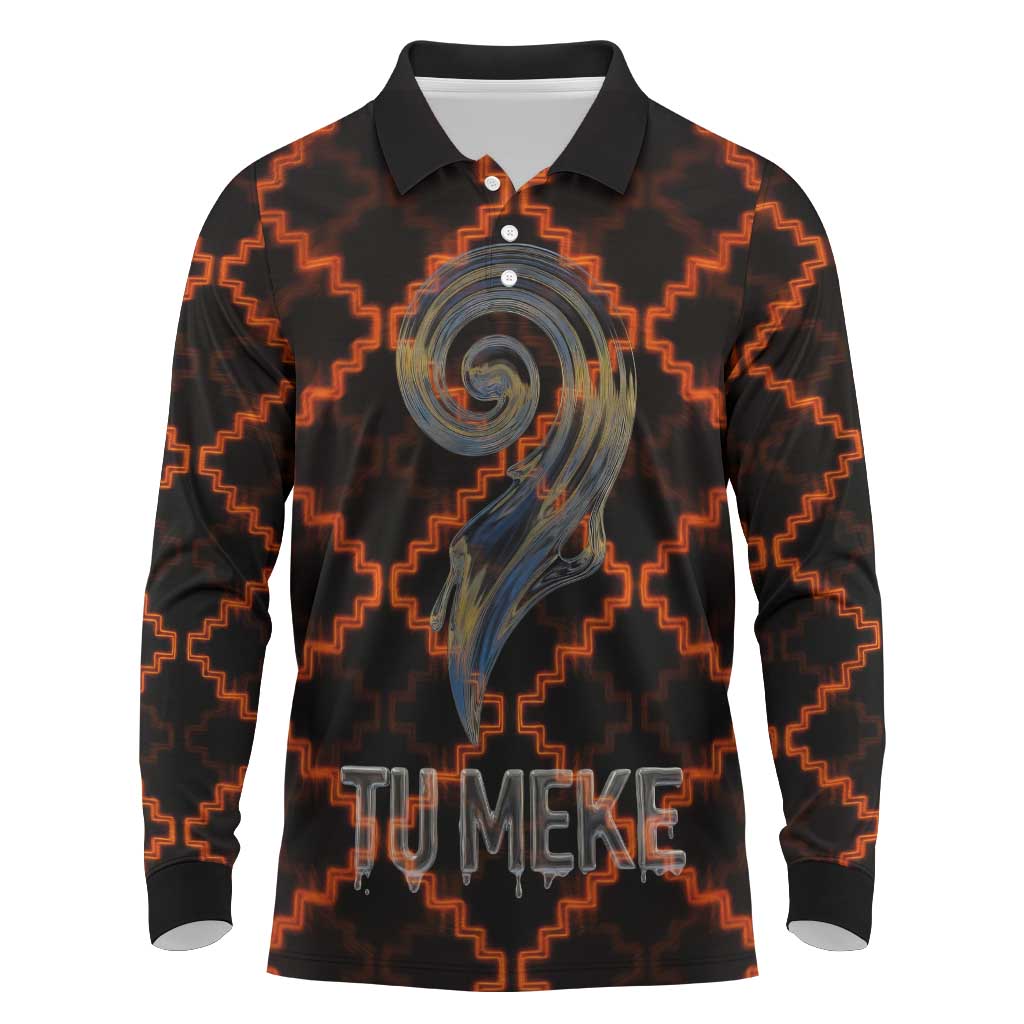 Tu Meke Maori New Zealand Slang Long Sleeve Polo Shirt with Glow Neon Step Style TS04 Black Orange - Polynesian Pride