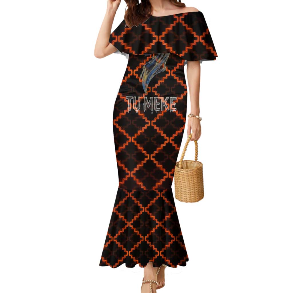 Tu Meke Maori New Zealand Slang Mermaid Dress with Glow Neon Step Style TS04 Women Black Orange - Polynesian Pride