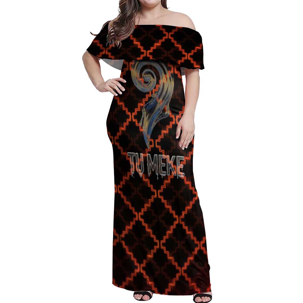 Tu Meke Maori New Zealand Slang Off Shoulder Maxi Dress with Glow Neon Step Style TS04 Women Black Orange - Polynesian Pride