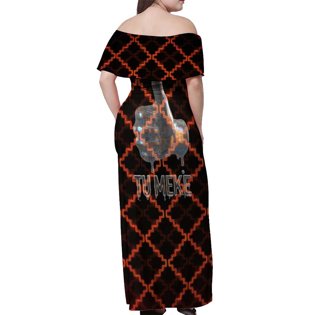 Tu Meke Maori New Zealand Slang Off Shoulder Maxi Dress with Glow Neon Step Style TS04 - Polynesian Pride