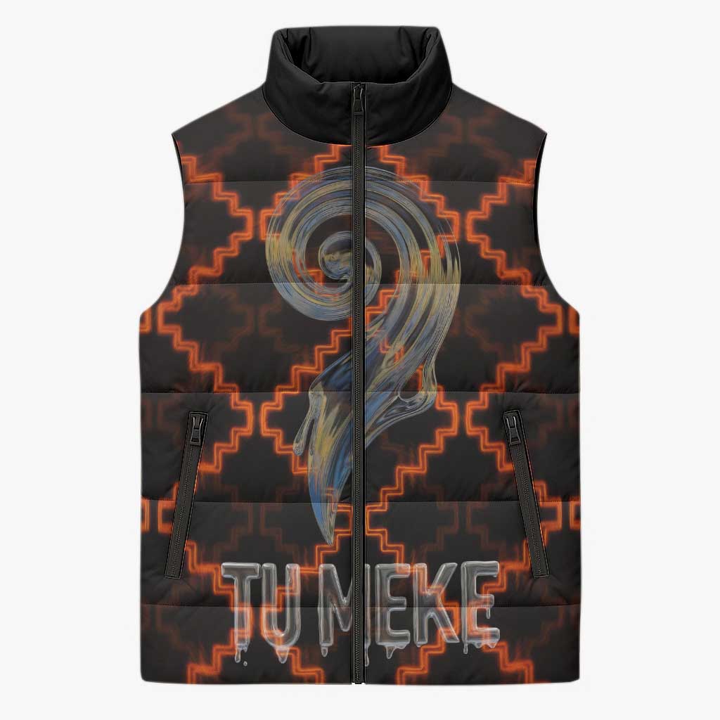 Tu Meke Maori New Zealand Slang Sleeveless Puffer Jacket with Glow Neon Step Style TS04 Unisex Black Orange - Polynesian Pride