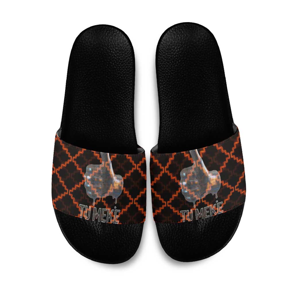 Tu Meke Maori New Zealand Slang Slide Sandals with Glow Neon Step Style TS04 Black Orange - Polynesian Pride