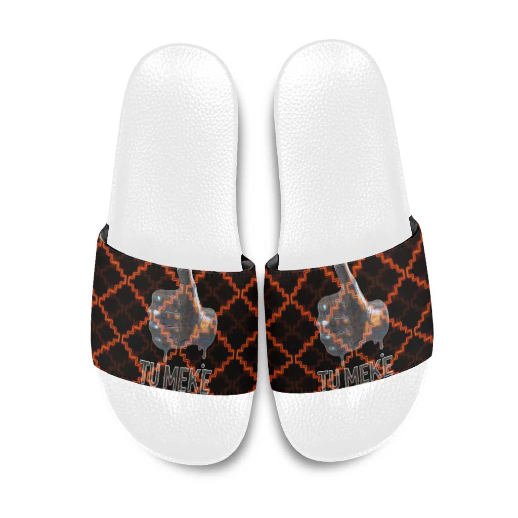 Tu Meke Maori New Zealand Slang Slide Sandals with Glow Neon Step Style TS04 Black Orange - Polynesian Pride