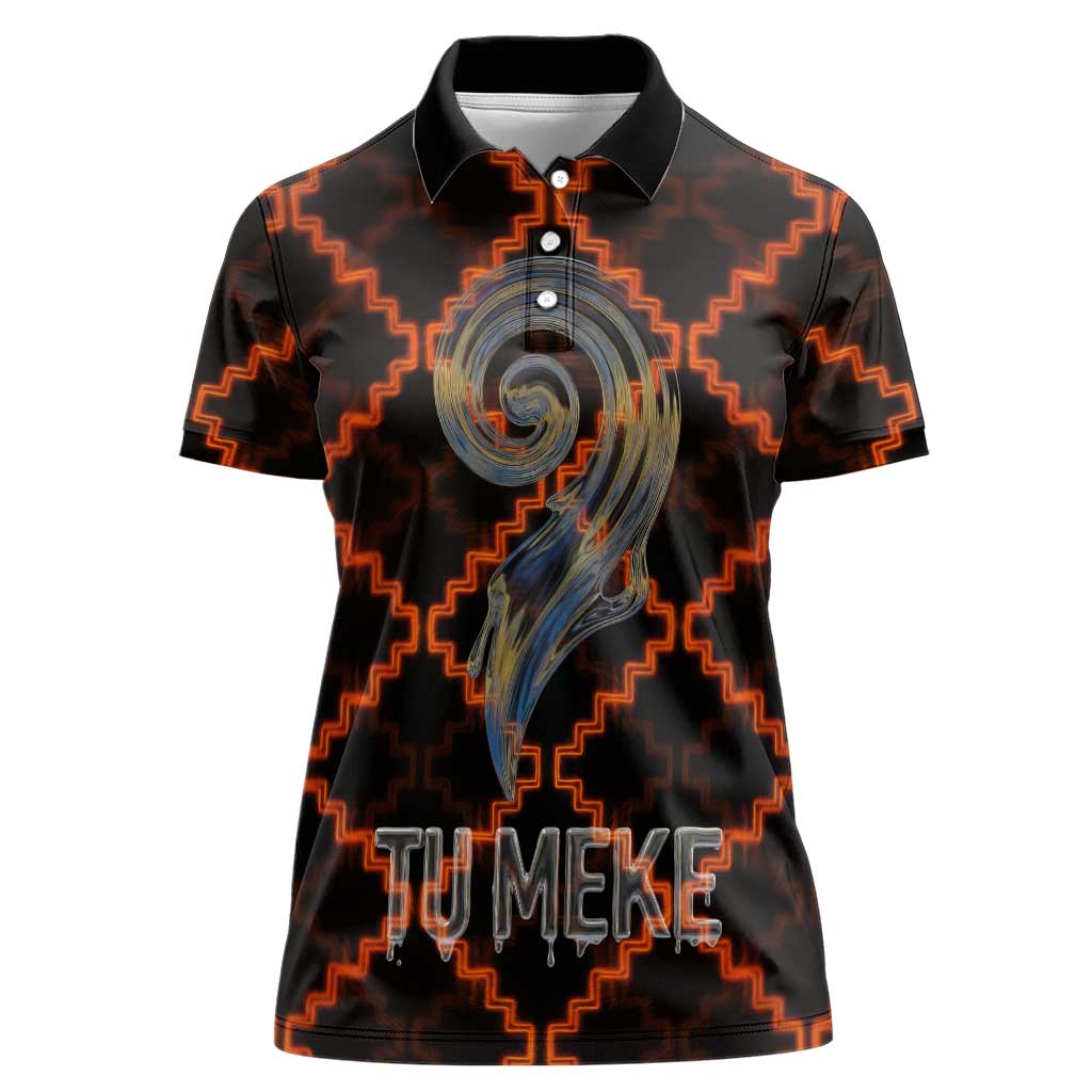 Tu Meke Maori New Zealand Slang Women Polo Shirt with Glow Neon Step Style TS04 Female Black Orange - Polynesian Pride