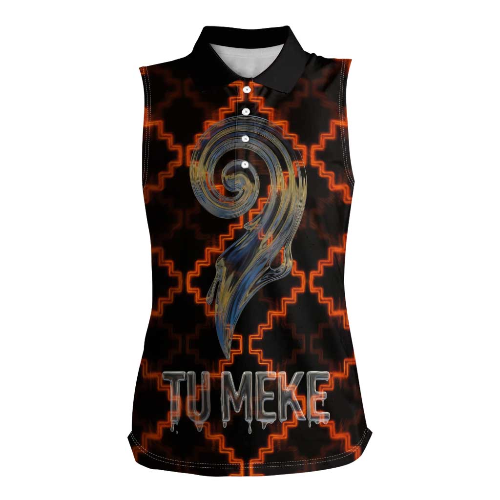 Tu Meke Maori New Zealand Slang Women Sleeveless Polo Shirt with Glow Neon Step Style TS04 Female Black Orange - Polynesian Pride