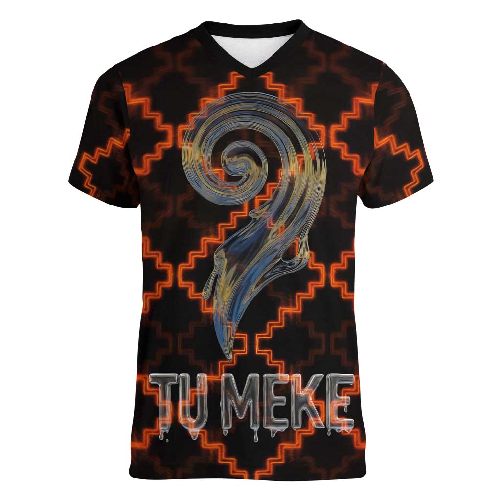 Tu Meke Maori New Zealand Slang Women V-Neck T-Shirt with Glow Neon Step Style TS04 Female Black Orange - Polynesian Pride
