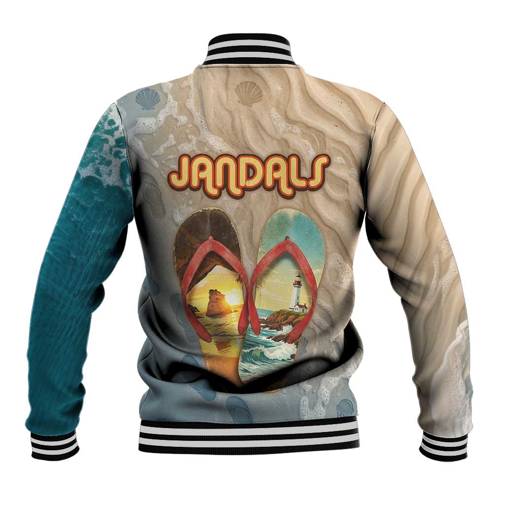 Kiwi Jandal Beach Life Baseball Jacket New Zealand Flip Flops Ocean Wave Surf Style