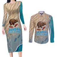 Kiwi Jandal Beach Life Couples Matching Long Sleeve Bodycon Dress and Long Sleeve Button Shirt New Zealand Flip Flops Ocean Wave Surf Style TS04 Beige Cyan - Polynesian Pride
