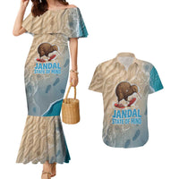 Kiwi Jandal Beach Life Couples Matching Mermaid Dress and Hawaiian Shirt New Zealand Flip Flops Ocean Wave Surf Style TS04 Beige Cyan - Polynesian Pride