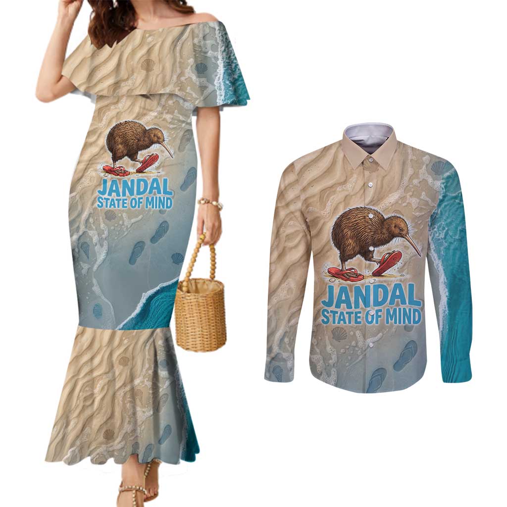 Kiwi Jandal Beach Life Couples Matching Mermaid Dress and Long Sleeve Button Shirt New Zealand Flip Flops Ocean Wave Surf Style TS04 Beige Cyan - Polynesian Pride
