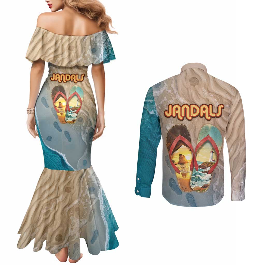 Kiwi Jandal Beach Life Couples Matching Mermaid Dress and Long Sleeve Button Shirt New Zealand Flip Flops Ocean Wave Surf Style TS04 - Polynesian Pride