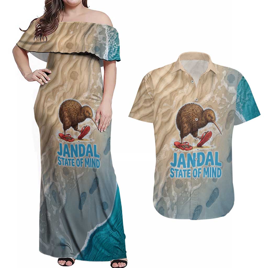 Kiwi Jandal Beach Life Couples Matching Off Shoulder Maxi Dress and Hawaiian Shirt New Zealand Flip Flops Ocean Wave Surf Style TS04 Beige Cyan - Polynesian Pride