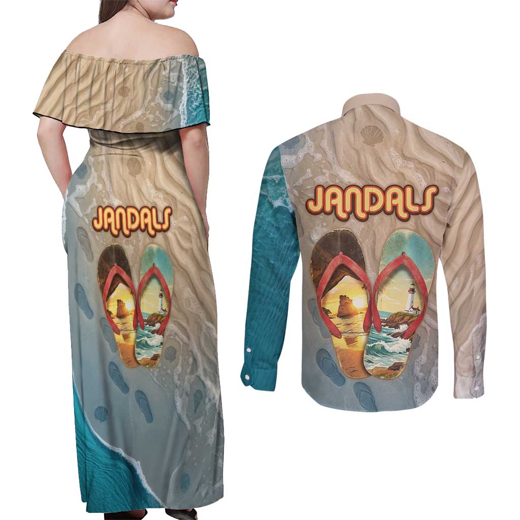 Kiwi Jandal Beach Life Couples Matching Off Shoulder Maxi Dress and Long Sleeve Button Shirt New Zealand Flip Flops Ocean Wave Surf Style TS04 - Polynesian Pride