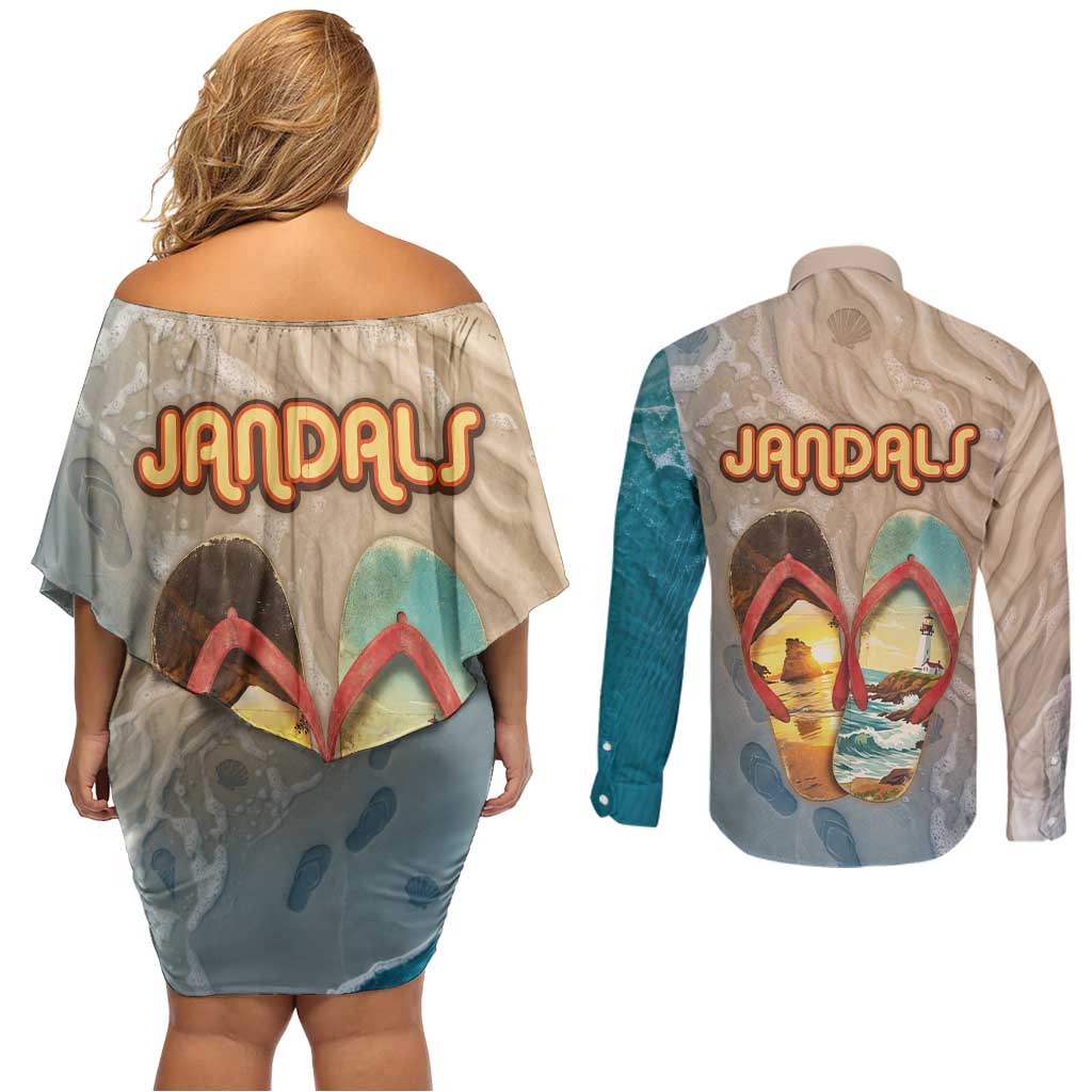 Kiwi Jandal Beach Life Couples Matching Off Shoulder Short Dress and Long Sleeve Button Shirt New Zealand Flip Flops Ocean Wave Surf Style TS04 - Polynesian Pride