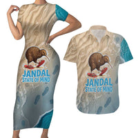 Kiwi Jandal Beach Life Couples Matching Short Sleeve Bodycon Dress and Hawaiian Shirt New Zealand Flip Flops Ocean Wave Surf Style TS04 Beige Cyan - Polynesian Pride