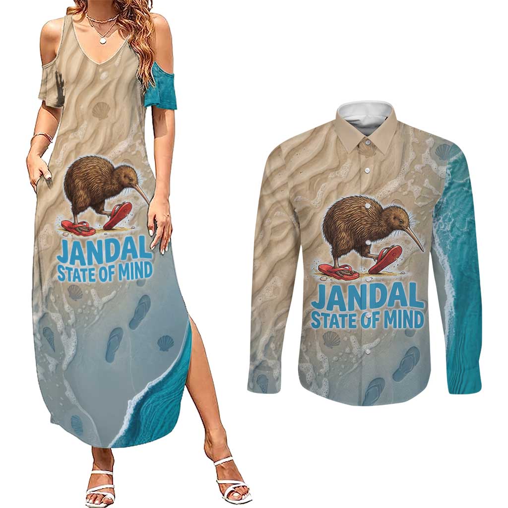 Kiwi Jandal Beach Life Couples Matching Summer Maxi Dress and Long Sleeve Button Shirt New Zealand Flip Flops Ocean Wave Surf Style TS04 Beige Cyan - Polynesian Pride