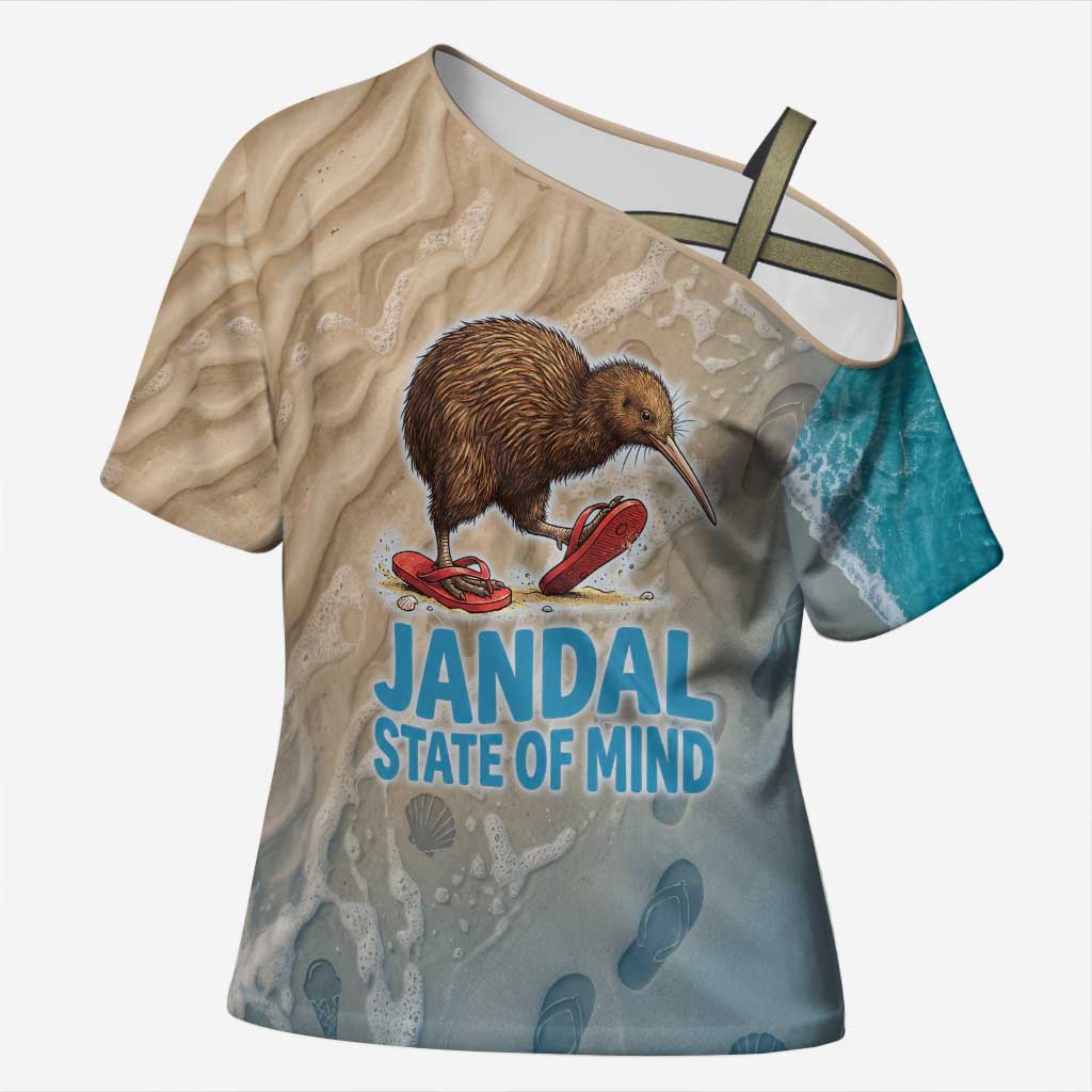 Kiwi Jandal Beach Life Cross Shoulder Shirt New Zealand Flip Flops Ocean Wave Surf Style