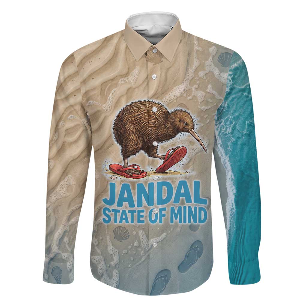 Kiwi Jandal Beach Life Family Matching Off Shoulder Maxi Dress and Hawaiian Shirt New Zealand Flip Flops Ocean Wave Surf Style TS04 Dad's Shirt - Long Sleeve Beige Cyan - Polynesian Pride