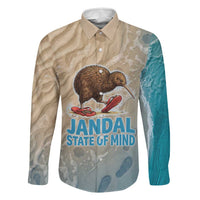 Kiwi Jandal Beach Life Family Matching Puletasi and Hawaiian Shirt New Zealand Flip Flops Ocean Wave Surf Style TS04 Dad's Shirt - Long Sleeve Beige Cyan - Polynesian Pride
