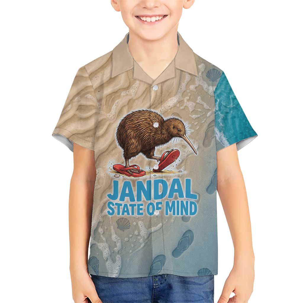 Kiwi Jandal Beach Life Family Matching Puletasi and Hawaiian Shirt New Zealand Flip Flops Ocean Wave Surf Style TS04 Son's Shirt Beige Cyan - Polynesian Pride